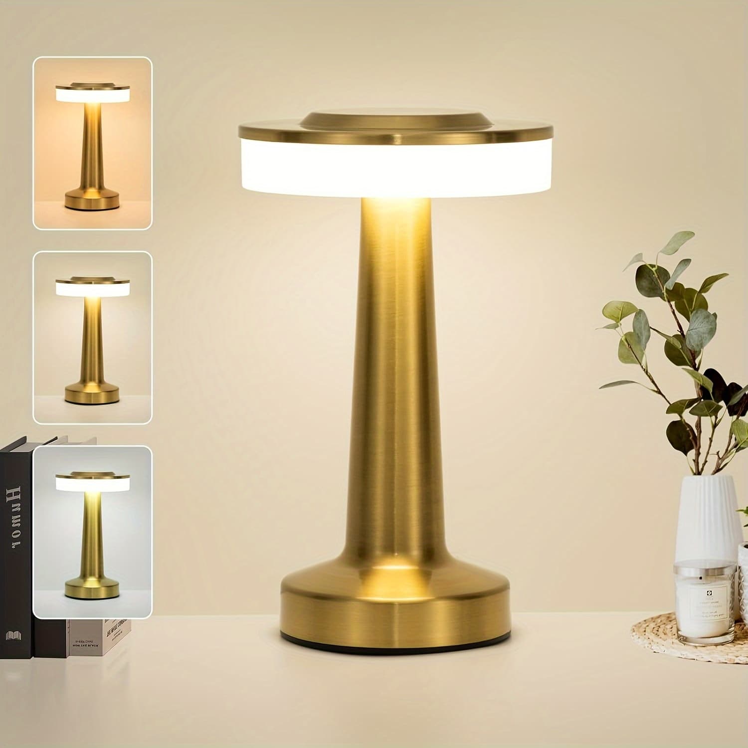 TEMU Golden Cordless Table Lamp With Touch Sensor, Rechargeable Battery Operated Desk Lamp Up To Usage, 3 Color Dimmable Small Portable Bedside Lamps, For Bedroom Nightstand Lamp