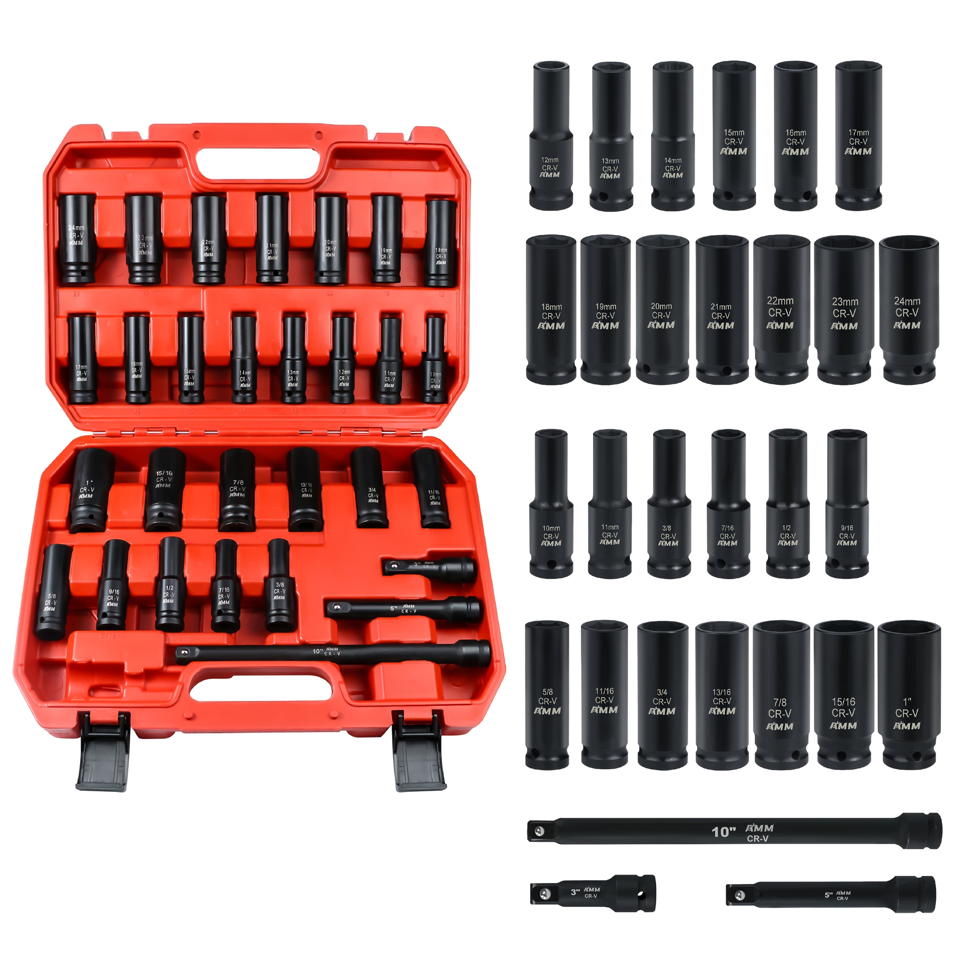 TEMU Amm 29pcs 1/2" Drive Impact Socket Set, 1/2" Deep Socket Set With Extension Bar, Cr-, 29pcs Tool Set, 6 Point, Sae (3/8 "- 1") And Metric (10mm-24mm), With Tool Box, Tools For Men And Women