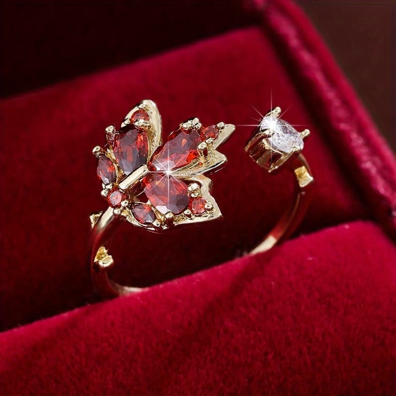 TEMU Fashion Maple Leaf Design Elegant Women's Synthetic Zirconia Inlaid Ring