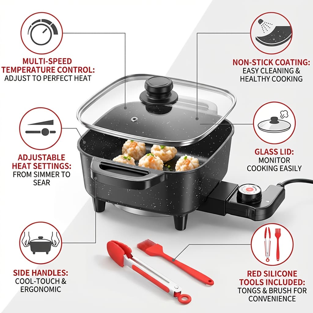 TEMU Electric , Smart Thermostat, Easy-clean Glass Lid, Heat-resistant Handle, Perfect For Breakfast, Stir-fry, Grilling, Large Capacity For Family Dinners, , Kitchen Appliance Essential, Great Gift