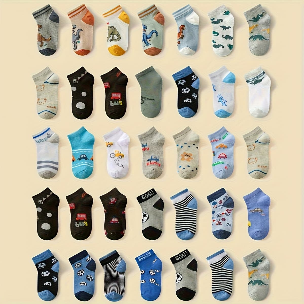TEMU 12 Pairs Of Children's Cartoon Dinosaur Car Football Pattern Socks, Soft, Comfortable, Trendy And Versatile Boys' Socks, Suitable For All , Colors And Styles Sent