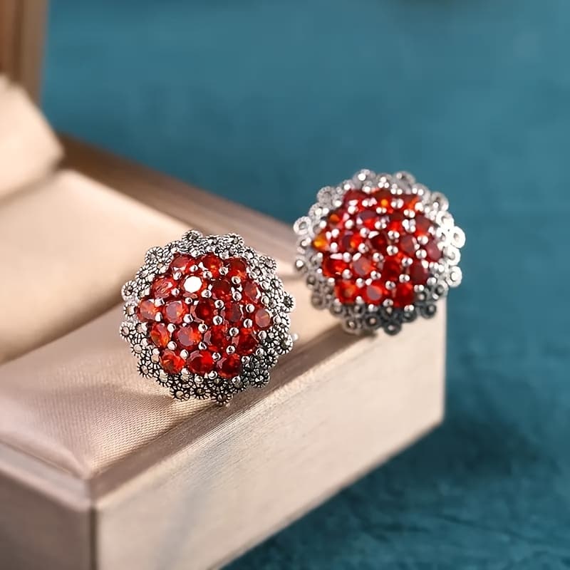 TEMU Vintage Garnet Stud Earrings In 925 Silver With Black Accent Stones And Synthetic Synthetic Zirconia, Hypoallergenic Ear Needle, Quality Jewelry Gift - 4.0g