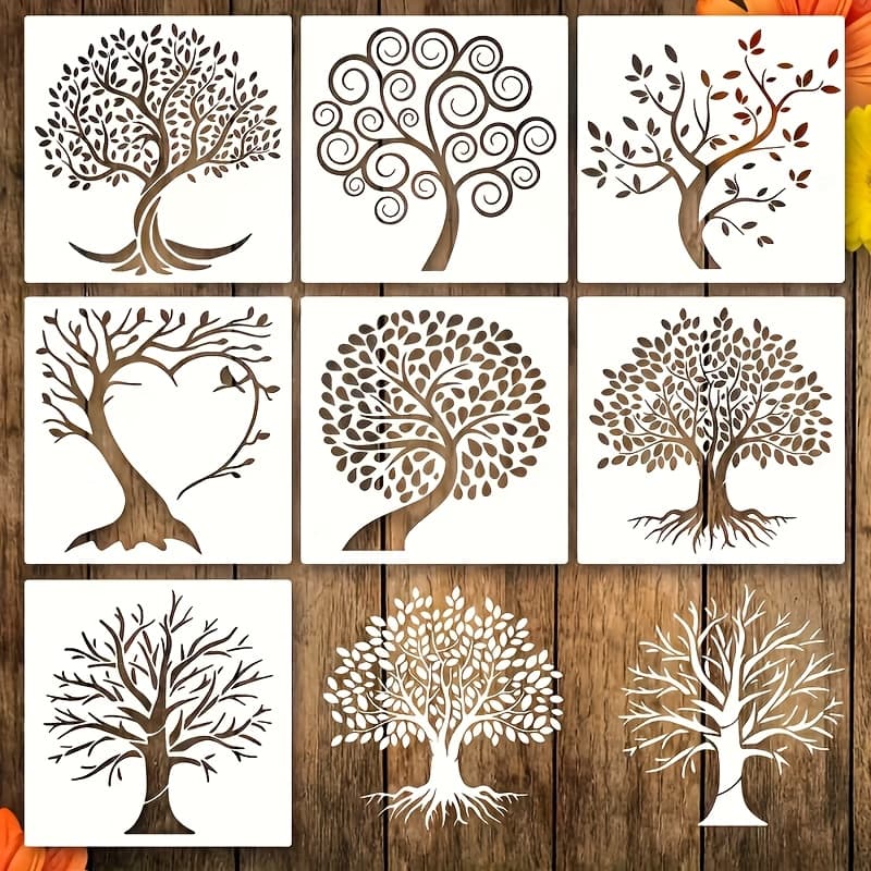 TEMU 7pcs Tree Of Life Stencils, Reusable Plastic Templates For Painting On Wood, Spray Gun, , Small Palm Tree Drawing Templates, Canvas Wall And Floor Decoration, Art Crafts And Ornaments