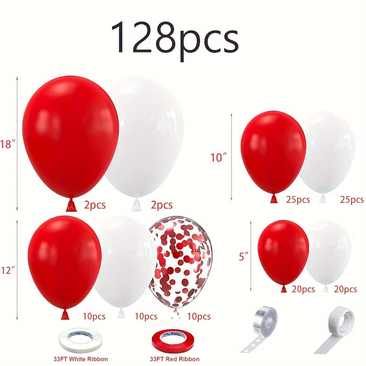 TEMU 128pcs, Red And White Balloon Garland Arch Kit, Matte Red Matte White Latex Balloons And Red Confetti Balloons For Wedding Birthday Party Graduation New Year Christmas Valentine's Day Decoration