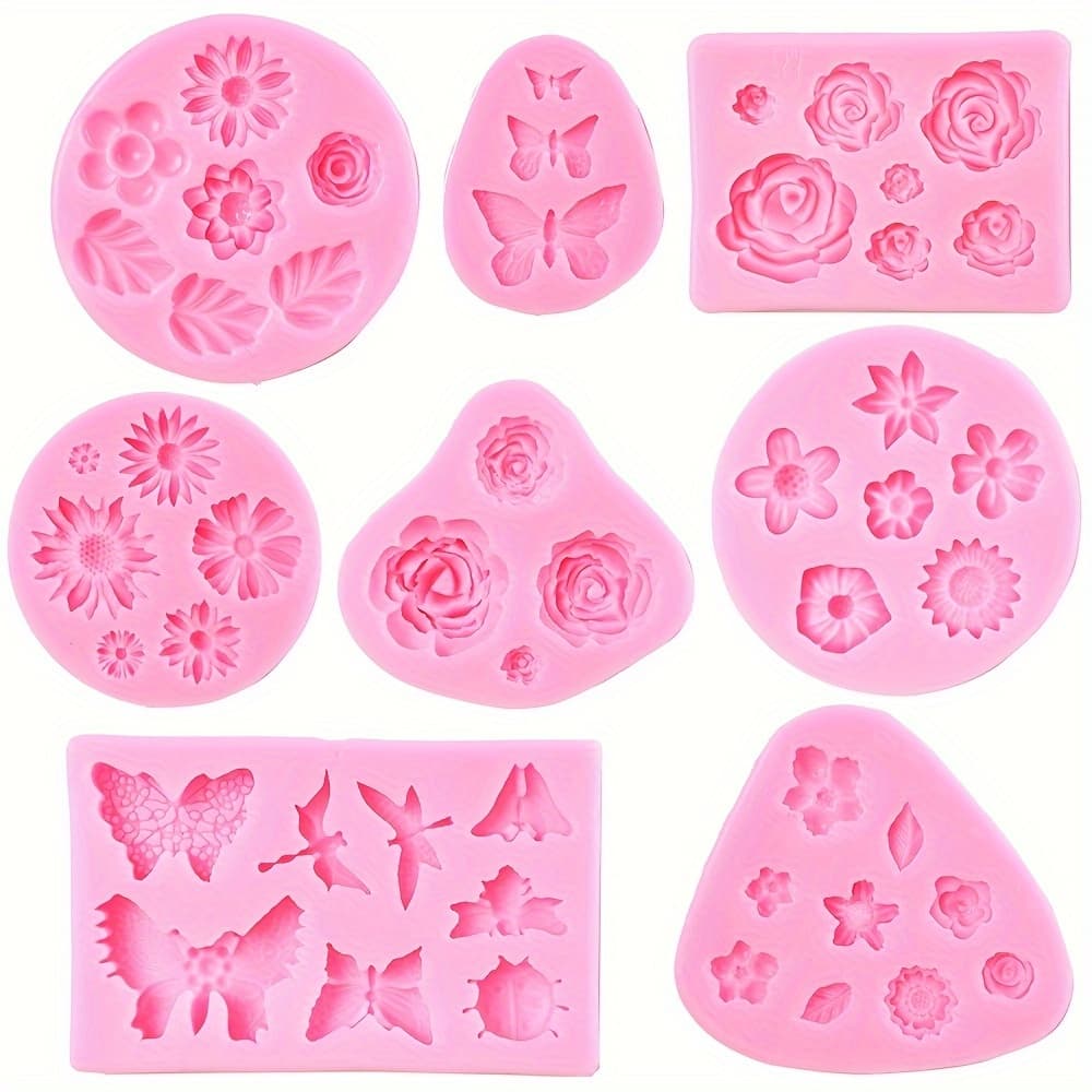 TEMU Silicone Flower And Fondant Molds - 8 Pcs Set For Chocolate, Candy, Polymer Clay, Soap Crafting And Cake Decoration