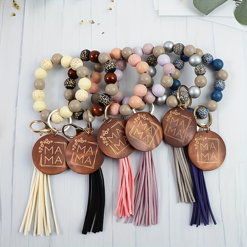 TEMU 6pcs/set Of Carved Wooden Beads With Wooden Tags, Beaded Wrists, Ladies' Key Rings, Gifts