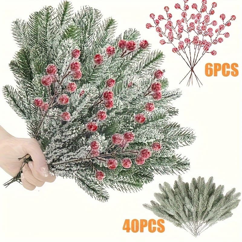 TEMU 40 Pcs Artificial Pine Needles 6 Pcs Branches Garland Pine Needles Snow Covered Style Christmas Picks Fake Christmas Greenery For Diy Garland Wreath Home Garden Decor thumbnail 2
