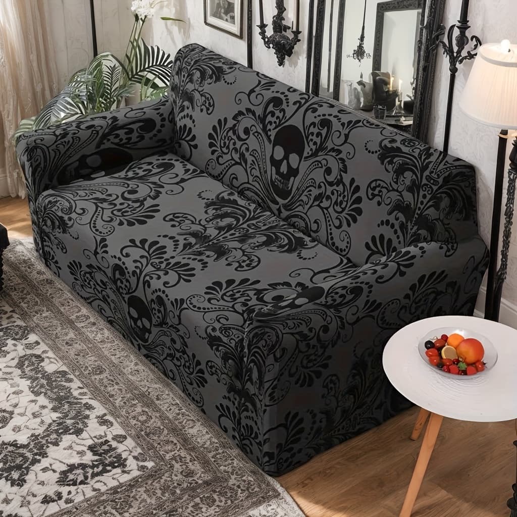 TEMU 1pc Artistic Black Floral Pattern Stretch Sofa Cover - Elastic Polyester Cover, Machine Washable, Perfect For Living Room, Bedroom, Dining Area
