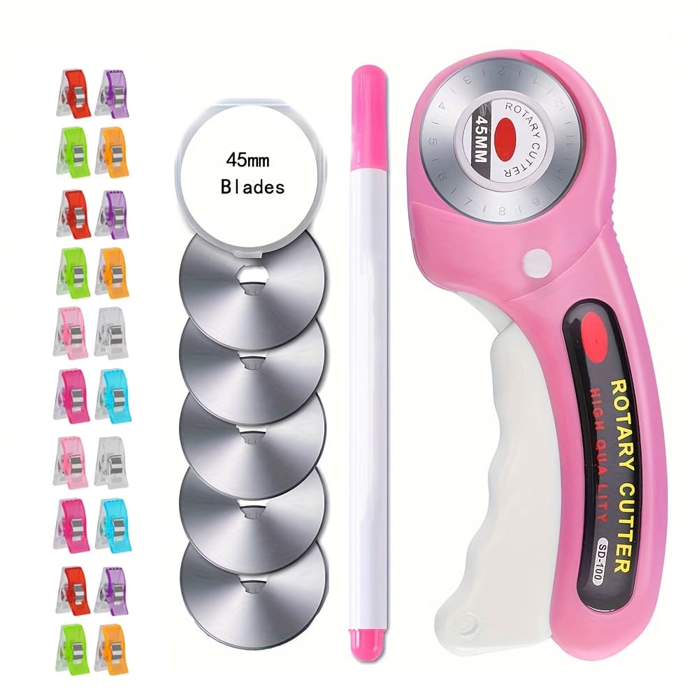TEMU 45mm Rotary Cutter Set Round Hob Craft Wheel Cutter Handle Roller With 5 Replacement , Sewing Clip And Pen For Diy Sewing, Fabric And Faux Leather Quilting