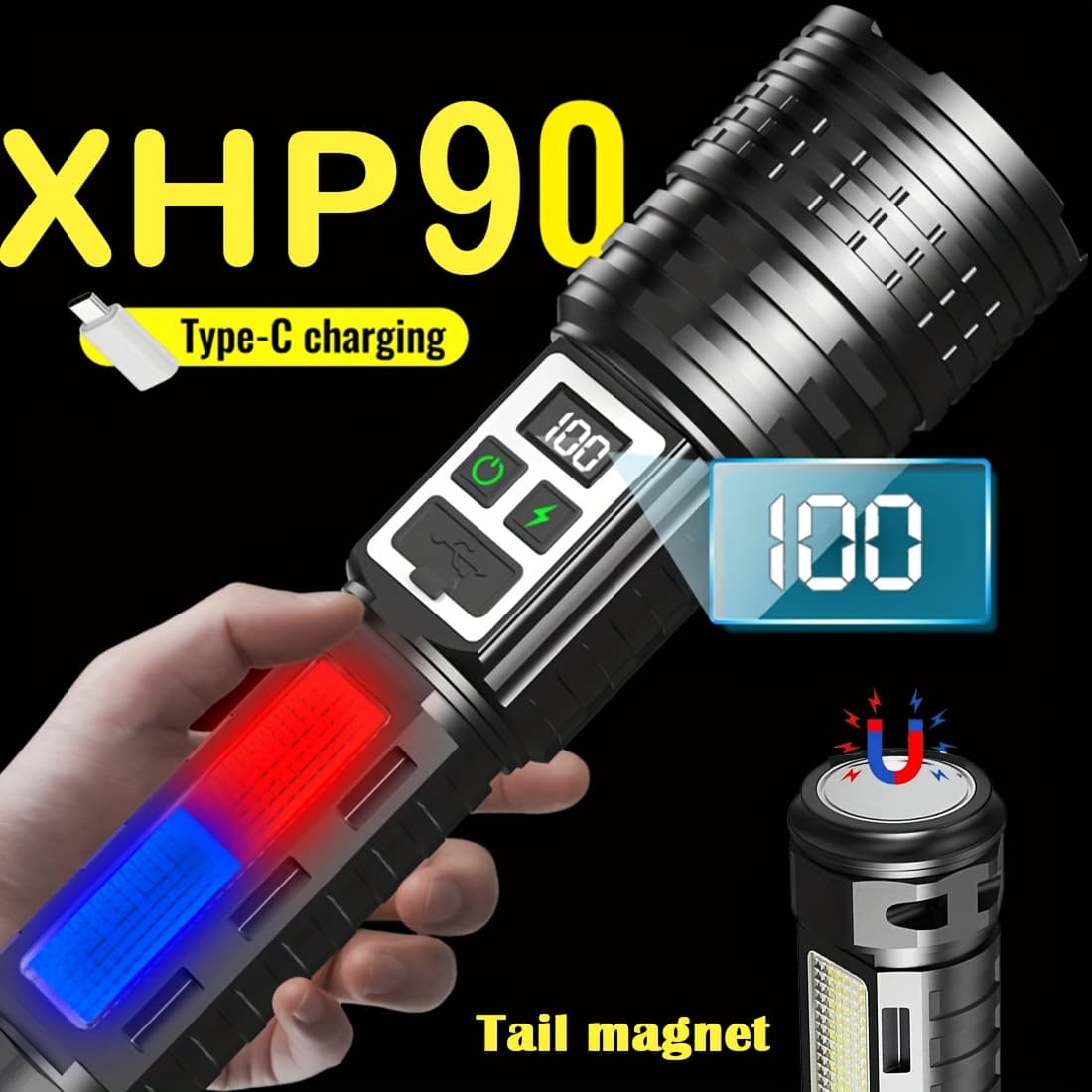 TEMU High- Rechargeable Led Flashlight For Outdoor Use, Featuring A Strong Cob Light With Tail Magnet, Lighting Options, Ideal For Camping, Repairs, Fishing, Emergencies, And Outdoor Activities