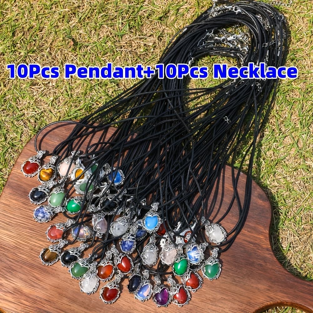 TEMU 20pcs Exquisite Natural Drop Shaped Pendant Set With Adjustable Black Necklace, Keychain, Lanyard, Bracelet, Earrings, And Craft Kit - 10pcs Pendants + 10pcs Chains For Easy Mixing And Making