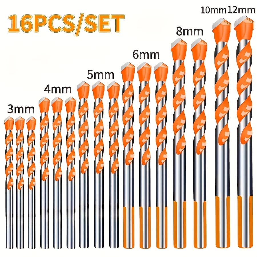 TEMU Set Of 16 Drill Bits For Materials Including Metal, Steel, Porcelain, Ceramic Tiles, Concrete, Brick, And Wood, Ranging From 3 To 12mm
