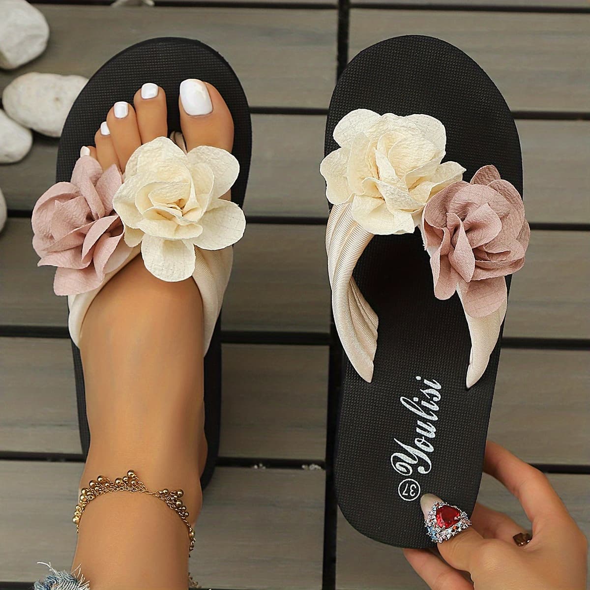 TEMU Women's Eva Slip-resistant Slippers - Lightweight Beach With Thick Sole & Cushioned , Black & Strap Suitable For Pool, Shower, Outdoor - - Comfortable Footwear, Women Shoes