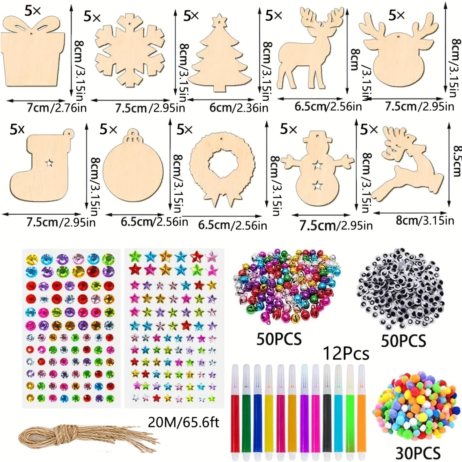 TEMU 204pcs Wooden Christmas Ornaments Unfinished, Wooden Ornaments To Paint For Christmas Tree Decorations Holiday Hanging Decorations With Bells, Rope