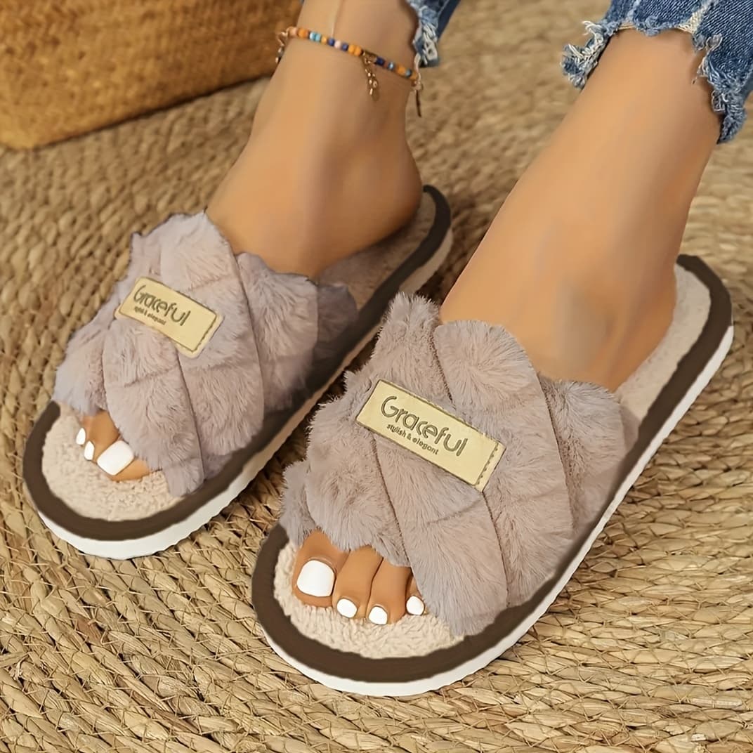 TEMU Women's Slippers - Soft Plush Fur-like Texture With Tassel Trim, Indoor/outdoor House Shoes, & Checkered Pattern, Ladies Slippers