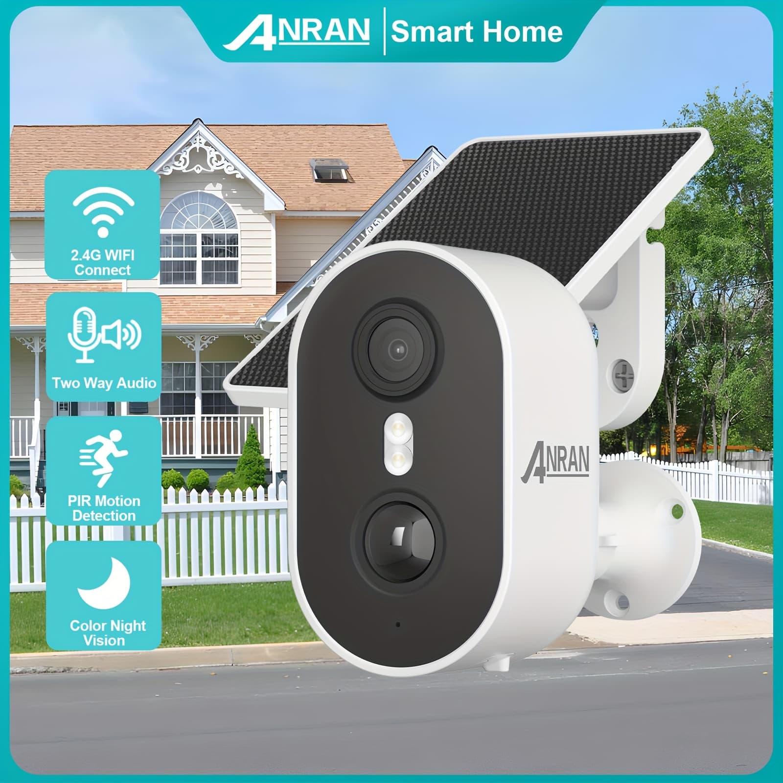 TEMU Solar-powered Outdoor Security Camera Featuring Pir Motion Sensing, Night Vision, Audio, Remote App Control, 2.4 Ghz Wi-fi , And Cloud Storage Support