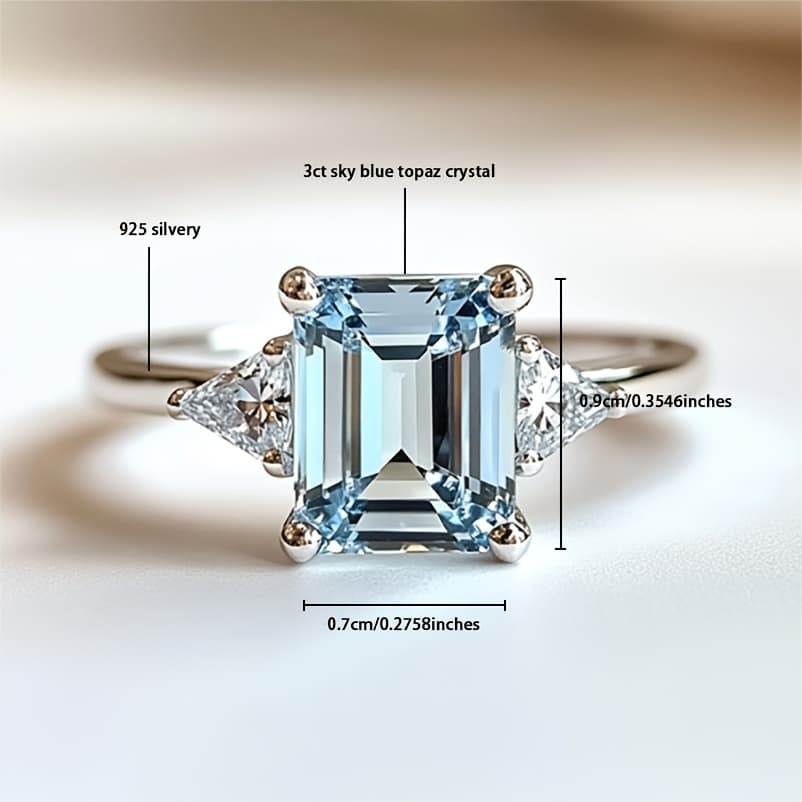 TEMU S925 Pure Silvery Square Ring, Female Niche Design, Blue Navy Index Finger Ring, Fashionable And Luxurious Ring