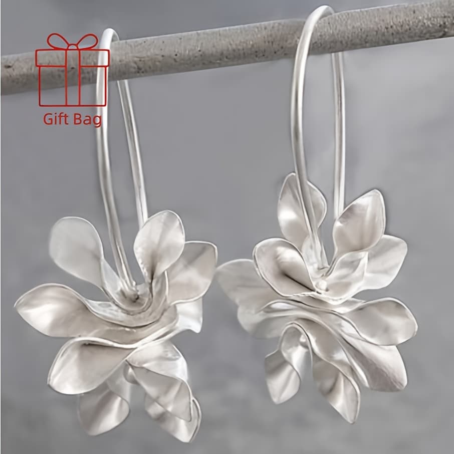 TEMU 925 Silver Bohemian Vintage Royal Floral Earrings, Elegant Design With Intricate Details - Retro Boho Chic Jewelry, Adjustable Lightweight Festival Bridal Daily Wear Gift Idea With Gift Bag