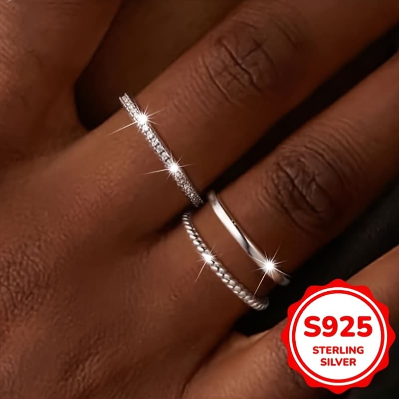 TEMU 3pcs Set 925 Sterling Silver Rings For Women - Elegant, Stackable, 1g With Cubic, April Birthstone, Perfect For Daily & Party Wear