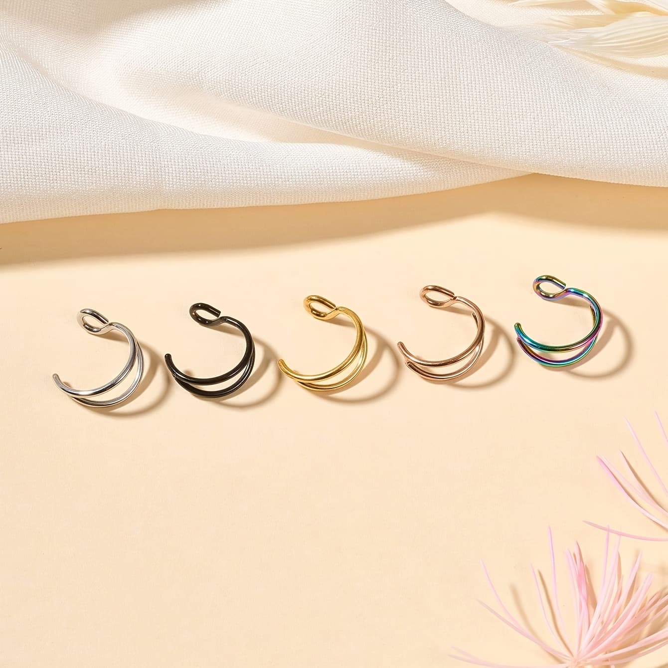 TEMU 3pcs/5pcs Fashion Steel Fake Nose Ring, Women' Decoration, Nose Clip Non-piercing Nose Ring, Double Ring Nose Clip Fake Piercing Jewelry