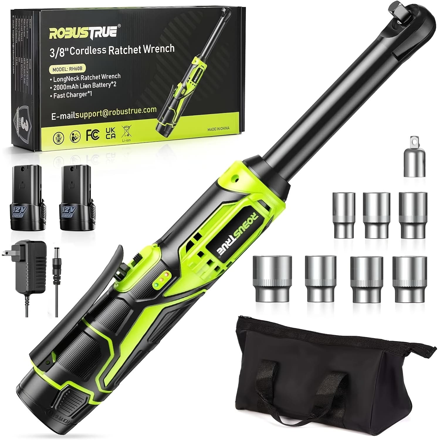 TEMU Robustrue 3/ 8" Cordless Ratchet Wrench Kit - 6-inch Extended Electric Ratchet With 40ft-lbs Torque, 400rpm, 2 Batteries, Variable Speed, 7 Sockets & Led Duty Power Tool For Automotive & Diy