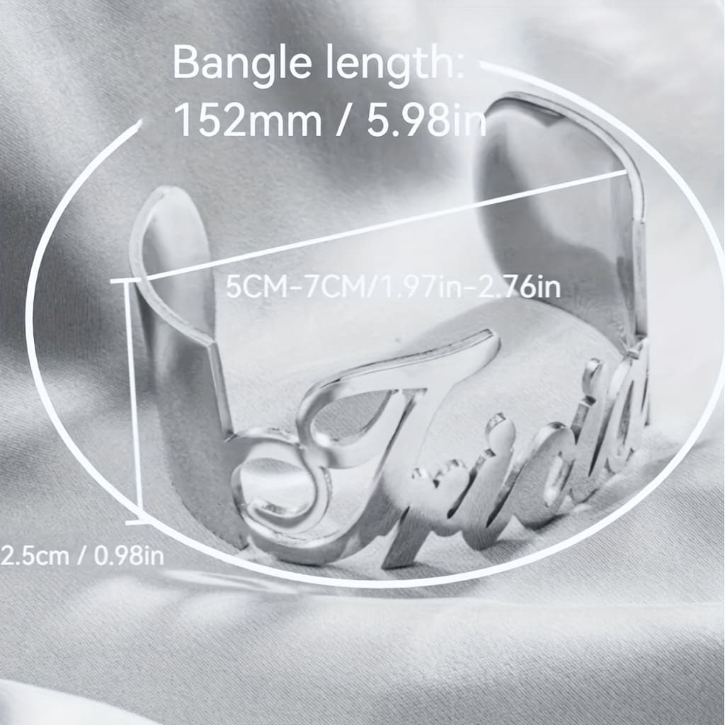 TEMU Custom Stainless Steel Name Bracelet - Personalized Golden-tone Cursive Bangle For Women, Elegant Urban Style With "" Engraving, & Party Wear, Bangle Bracelet,kpop