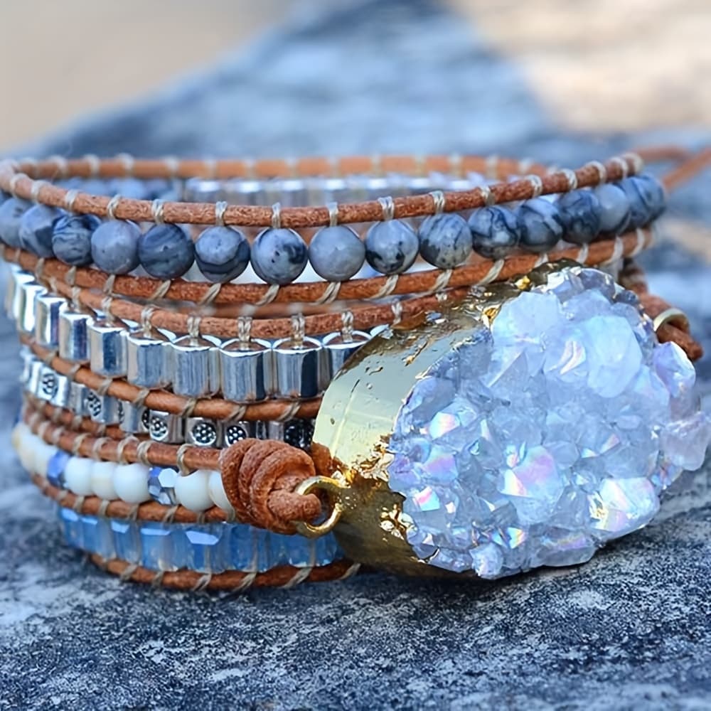 TEMU Boho Handmade Natural Stone 5 Wrap Quartz Bracelets Beads Bracelet Jewelry, For Women's Christmas And Thanksgiving Gifts