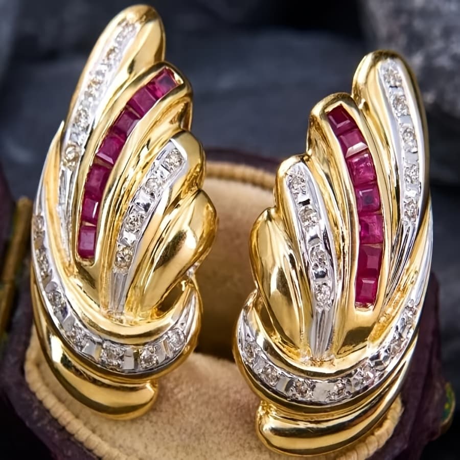 TEMU 1 Pair Of Women's Stud Earrings With Copper-inlaid Red Cubic Synthetic Zirconia Clips, Fashionable Jewelry For Ladies, Wedding Earrings, Golden- Christmas Gift