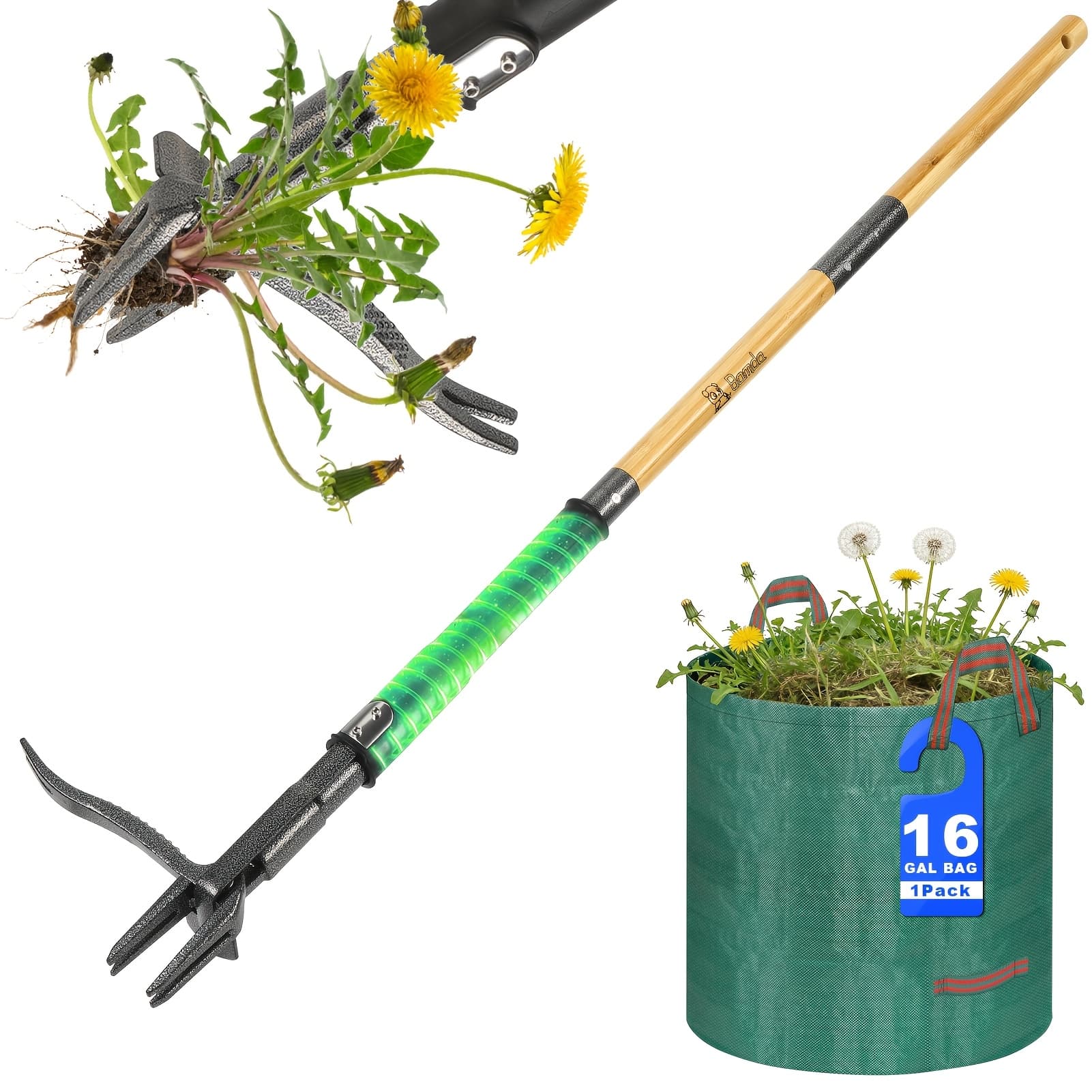 TEMU Stand Up Weed Puller With Large Collection Bag, Heavy Duty 4-claw No-bend Weeding Tool, Ergonomic Long Handle Root Remover For Lawn & Yard, Effortless Garden Maintenance Kit