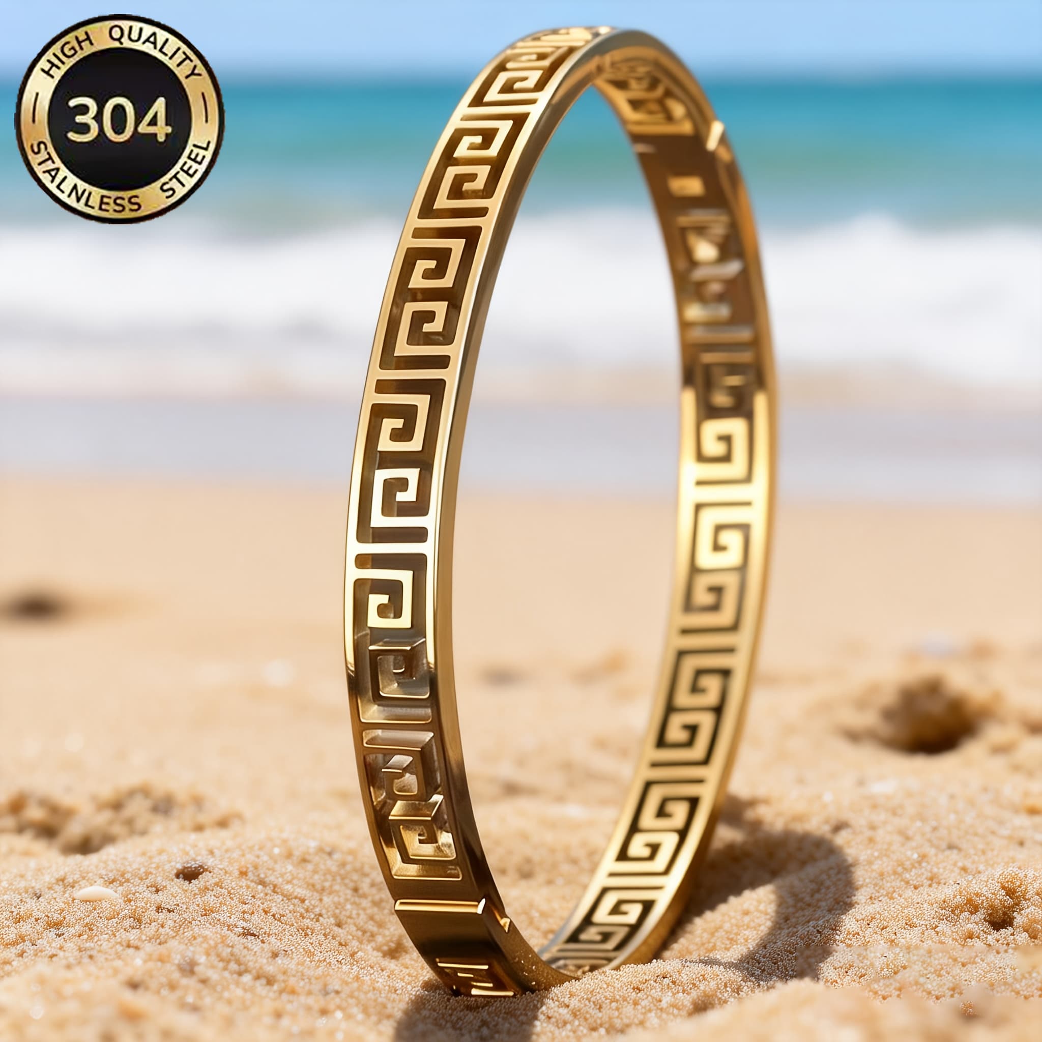 TEMU Fashionable And Elegant 304 Stainless Steel Bracelet, Suitable For Men And Women, Featuring Engraved Pattern And . Perfect For Beach Vacations, Daily Wear, And As A Valentine's Day Gift