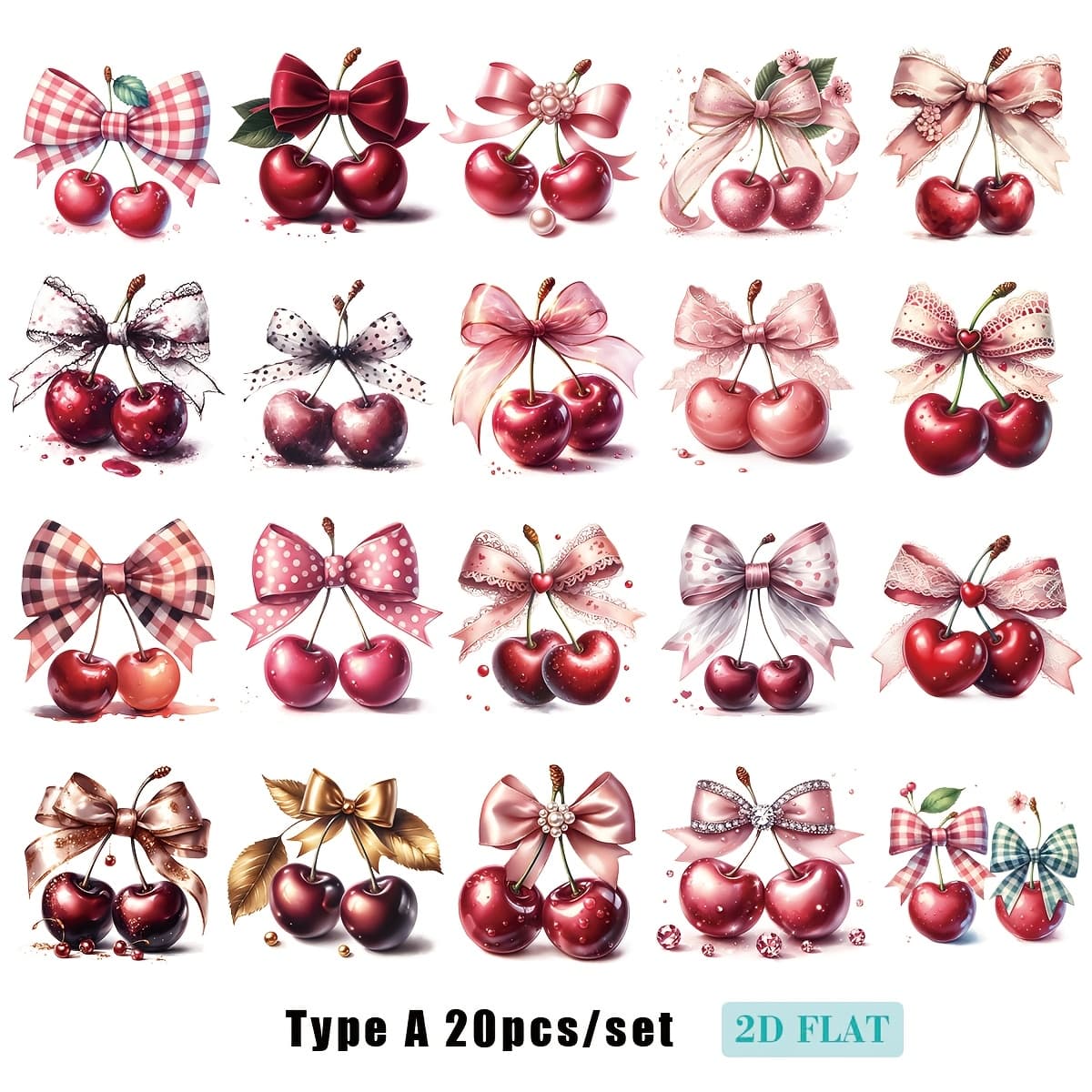 TEMU 20pcs/set Handmade Creative Vintage Bow Cherry Series 2d Flat High Quality Stickers, Suitable For Trash Journal Notebook Decoration Hand Account Diy Cutting Album Stickers, 2d Flat