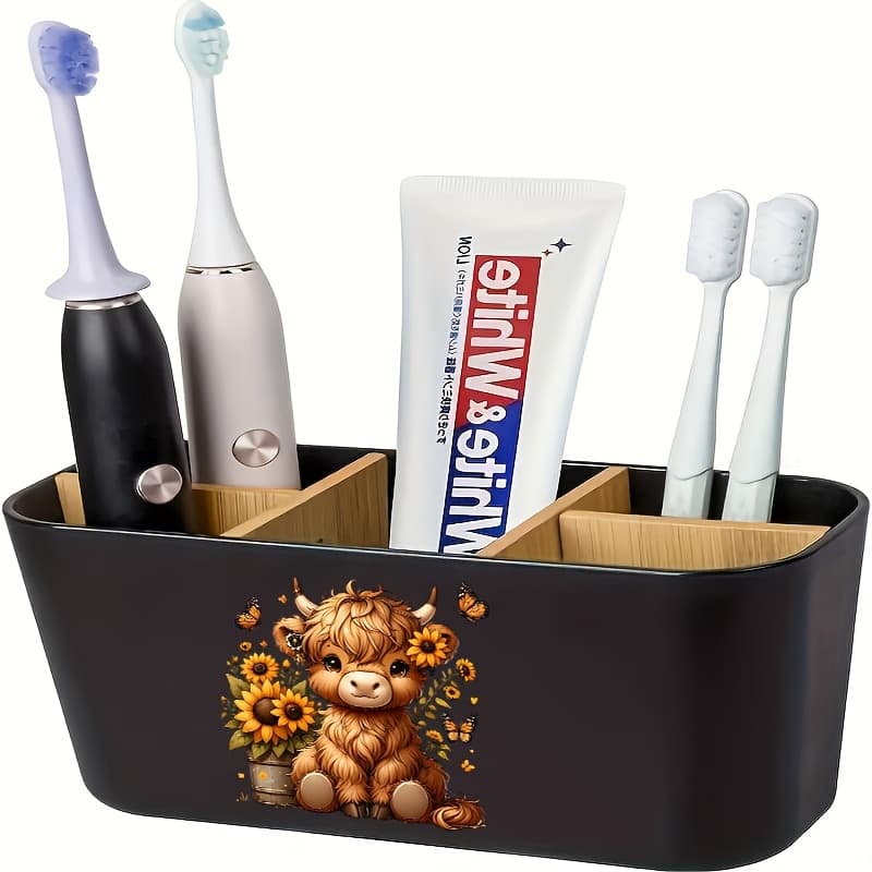 TEMU 1pc Cute Cow & Sunflowers Toothbrush Holder Organizer - Plastic Bathroom Storage Box With Cow-themed Compartments Suitable For Electric Toothbrush, Toothpaste & Dental Accessories Organizer For &
