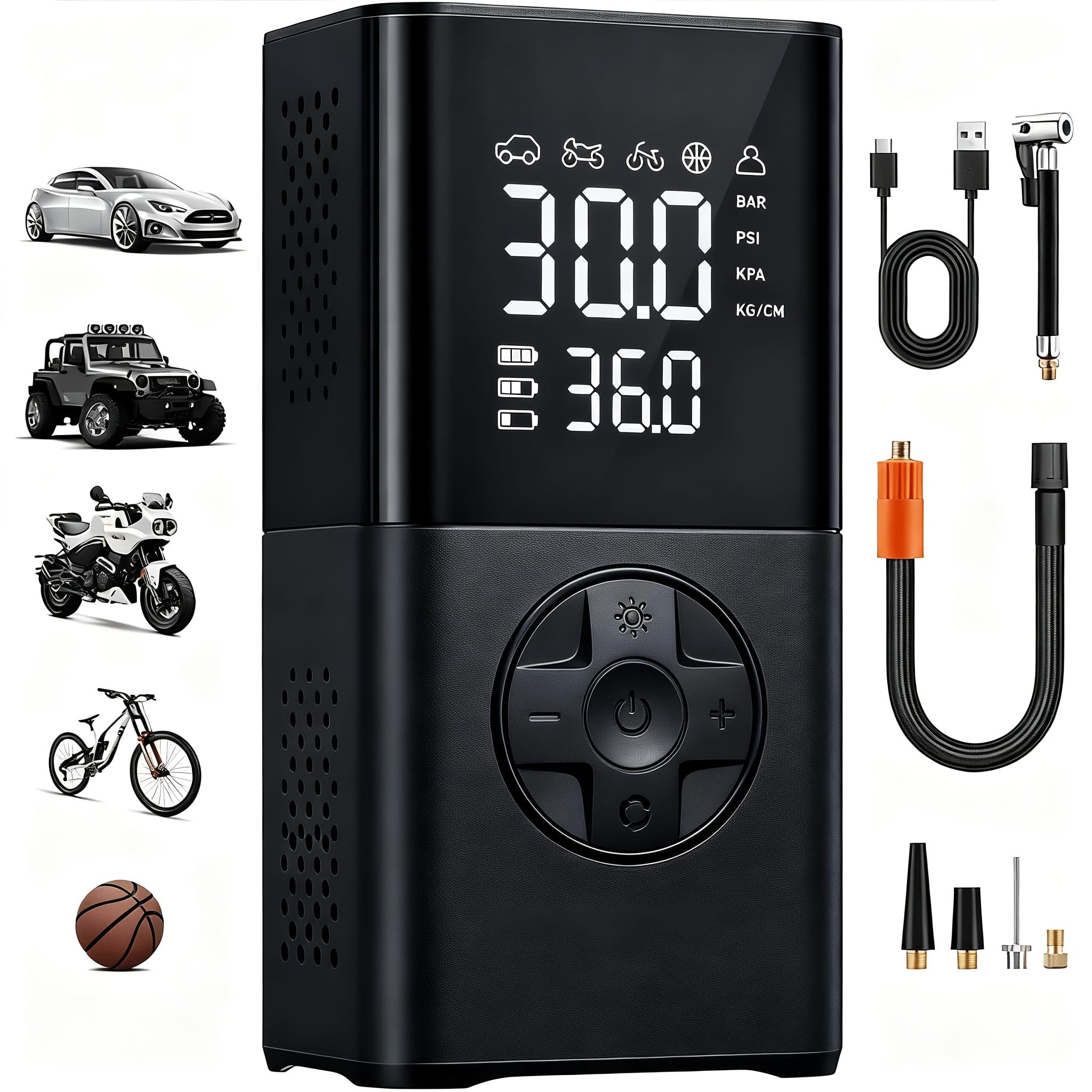 TEMU Portable Tire Inflator With Digital Pressure Gauge | 180 Psi, Rechargeable Battery, Led Light, Cordless, Suitable For Cars, Motorcycles, Bicycles, And Balls