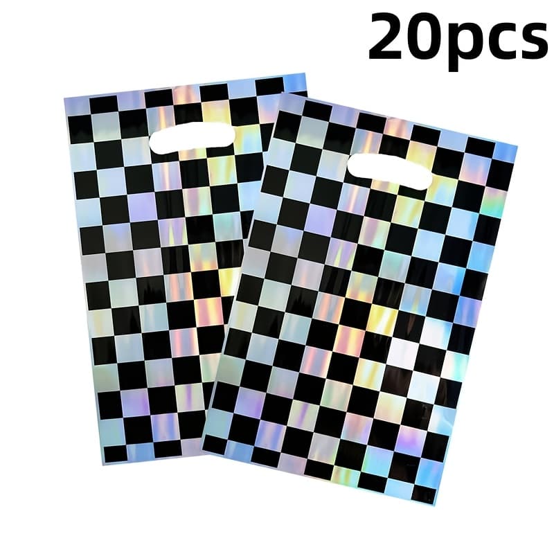 TEMU 20pcs Iridescent Checkered Plastic Treat Bags, Black & Shimmering Car Pattern, Race Car Party Favor Goodie Bags, Laser Gift Bags For Fast Car Birthday Decorations