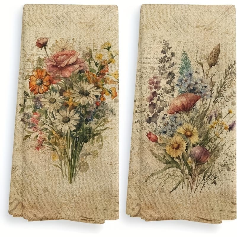 TEMU 2-pack Vintage Floral & Towels - Super Soft Polyester, Machine Washable, Solid Color, Hair Drying & Kitchen Use, Fragrance-free