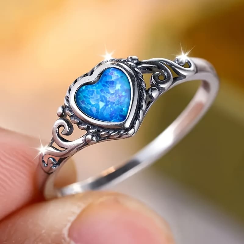 TEMU Vintage Exquisite Blue Heart Rings For Women Party Jewelry Additions Suitable For All