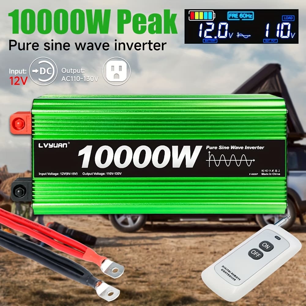 TEMU Pure Sine Wave Inverter 10000w ()car Power Inverter 12v To 110v-120v Ac With Lcd Display And Remote & , Sockets For Vehicles Car For Home Solar System Rv , Without Battery