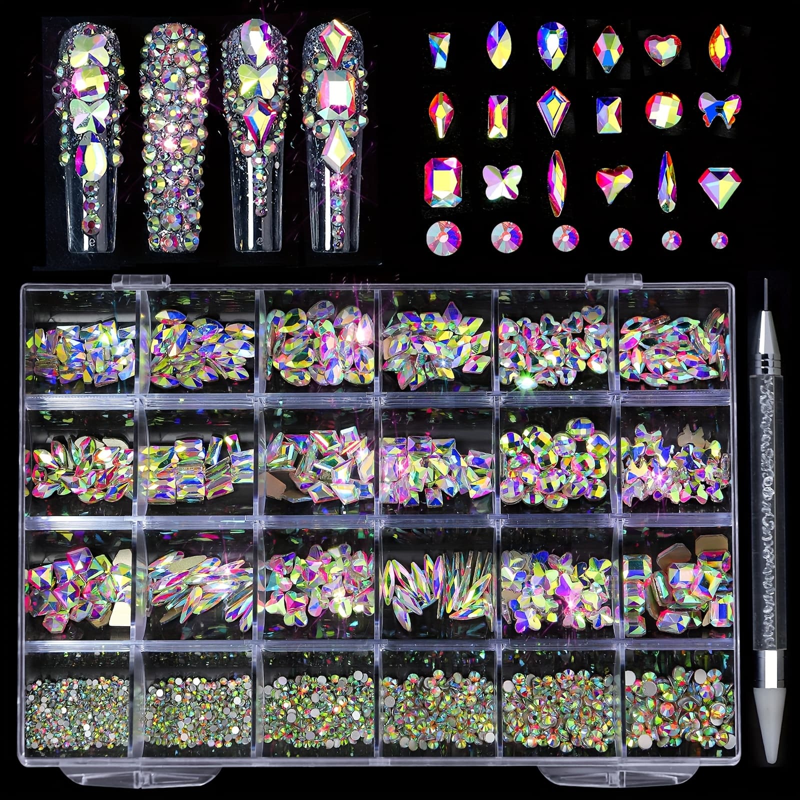 TEMU 3d Glass Ab Nail Art Kit With Iridescent Flatback Round Beads & Pickup Pen Suitable For Manicure, Nail Decoration, Jewelry Craft, Polish Charm Gems For Diy Nail Designs