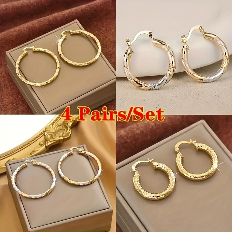 TEMU 4-pair (for ') 14k Golden Plated Earrings - Durable Circle & Mix Pendants, Hoops/ Studs For Daily Wear, Parties & Gift - Versatile Suitable For Wear