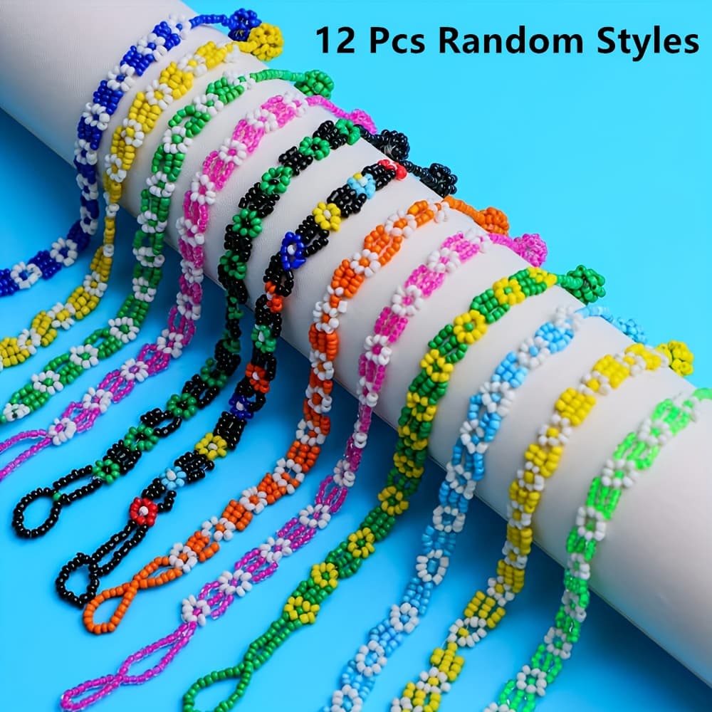 TEMU 12 Bohemian Style Colorful Flower Bead Bracelets For Women, Casual Daily Wear Or Party Accessory, Random Shipping For Gift