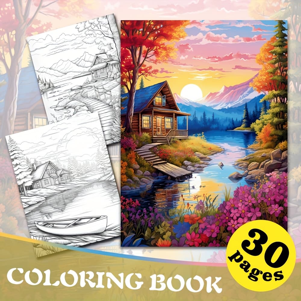TEMU 30 Pages Upgraded Cozy Retreats Coloring Book - 8.3x11.7inches Thickened Mixed Color Paper Material, Unique Cover, Teens And Adults, Birthdays, Parties, Easter, Day, Father's Day - Cabin