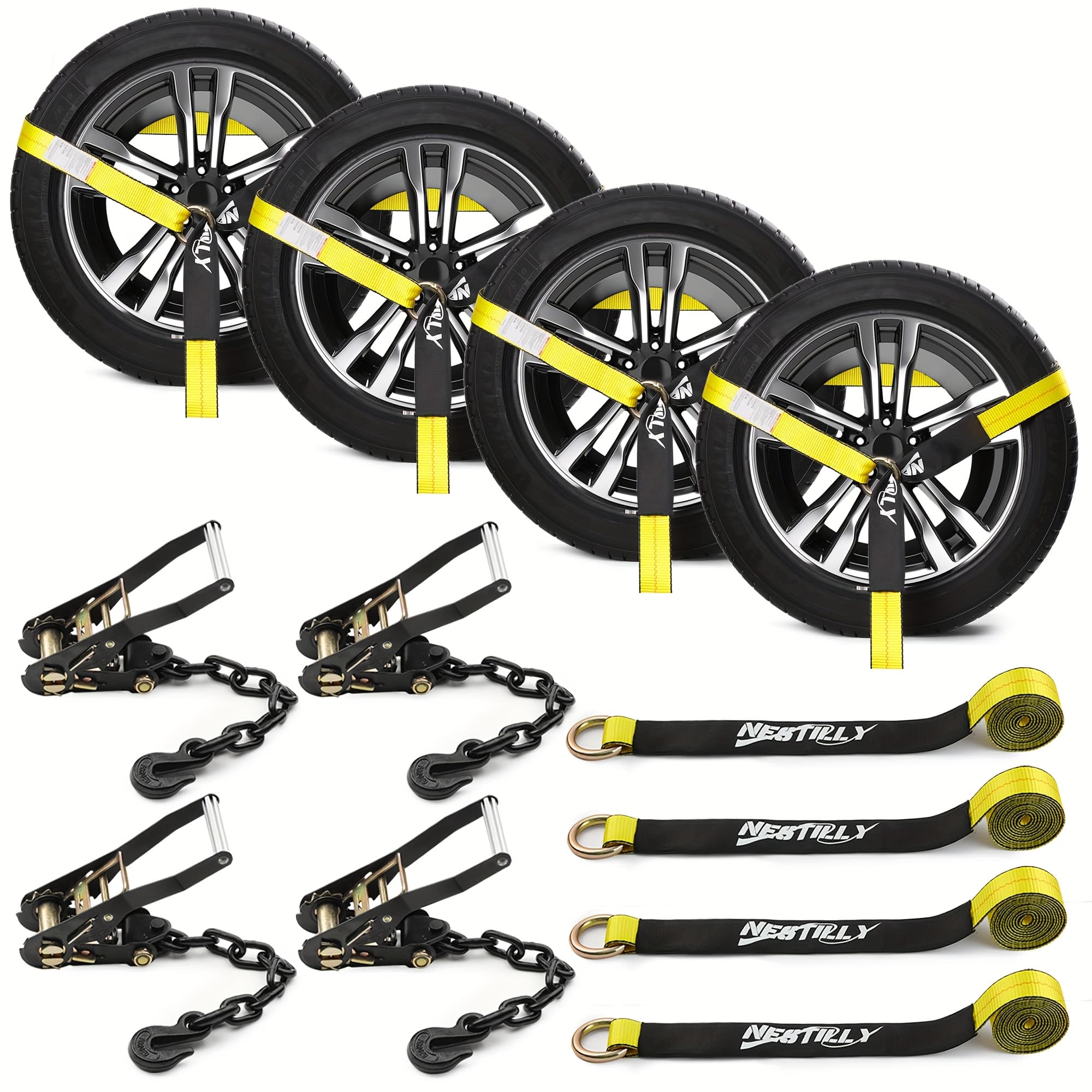 TEMU 4 Pack Reflective Car Tie Down Straps For Trailers - Tire Ratchet Strap With Chain Anchors - 2" X 8' 9900lbs Break Strength - Style Wheel Straps For Hauling Utv, Suv, Truck