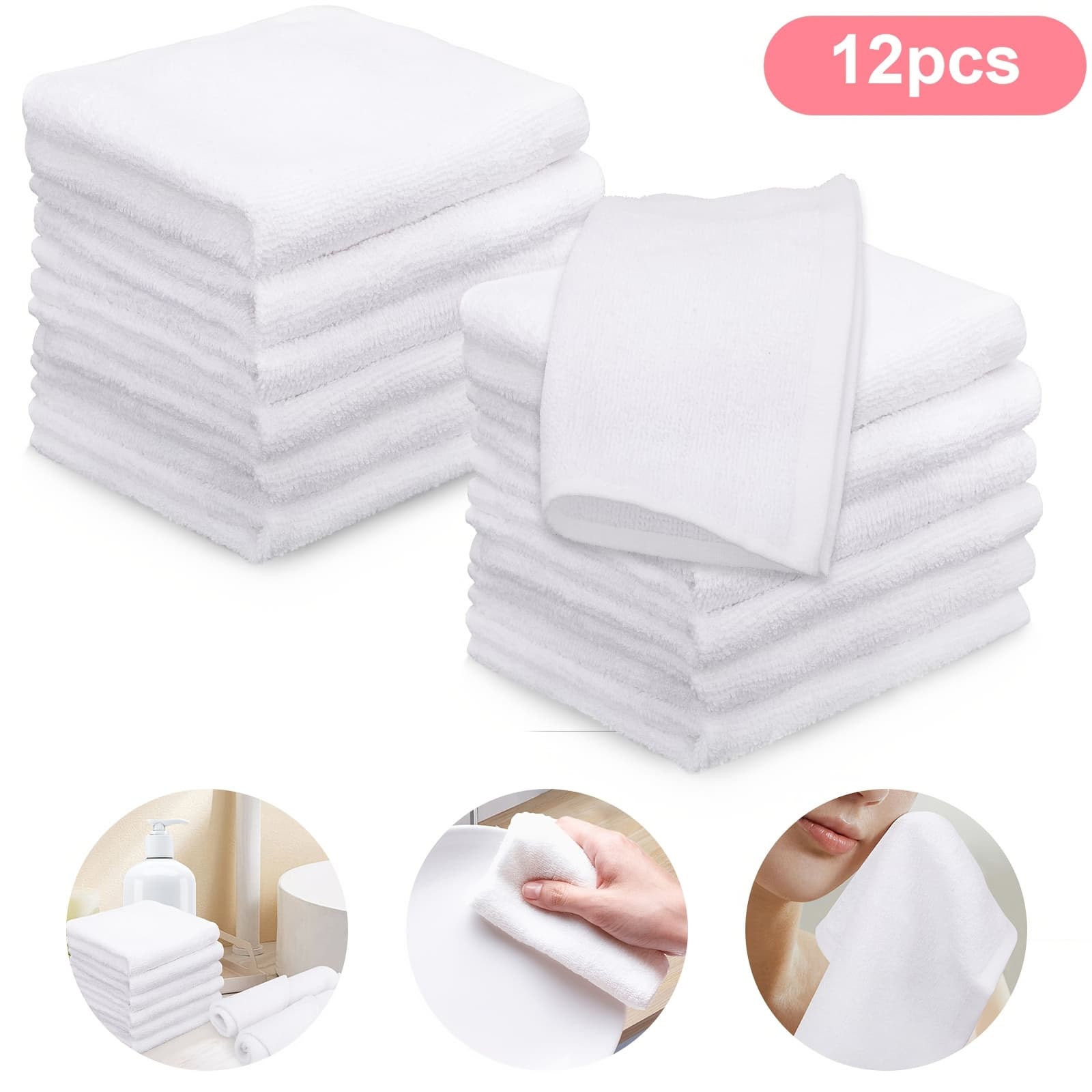TEMU 6/12pcs Soft White Washcloth, Super Absorbent, 10.5" X 10.5", Hotel Washcloths, For Bathroom, Gym, Hotel And Spa