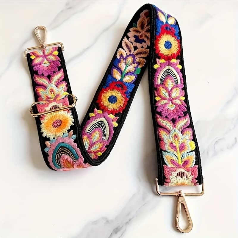 TEMU Bohemian Vibrant Floral Embroidery Adjustable Shoulder Strap, Suitable For Wallets, Handbags, And Guitar Straps - 5.08cm Wide Black Polyester With , Diy Accessory For Women's Bags