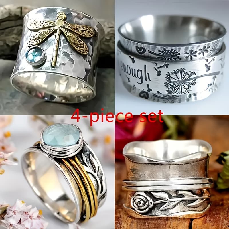 TEMU 4pcs/set Of Classic And Elegant Vintage Patterned Rings, Luxurious And Fashionable Gentleman Rings, Hypoallergenic Classic Rings, Gifts