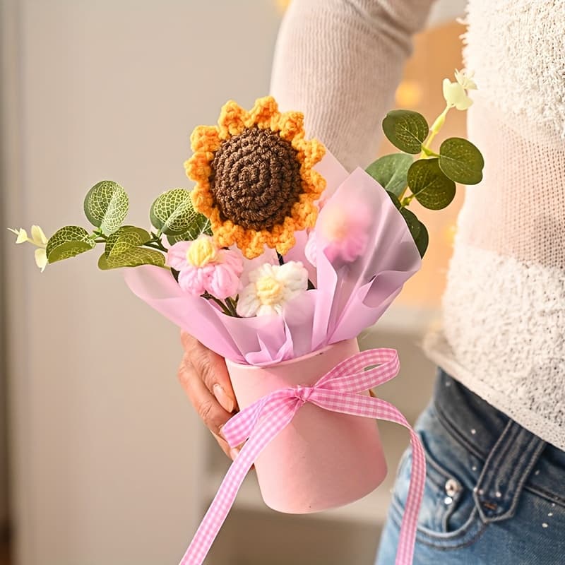 TEMU 1pc Simulated Sunflower Puff Bucket Bouquet With Gift Bag, Suitable As A Gift For , Thanksgiving, Birthday, And Other Festival Parties