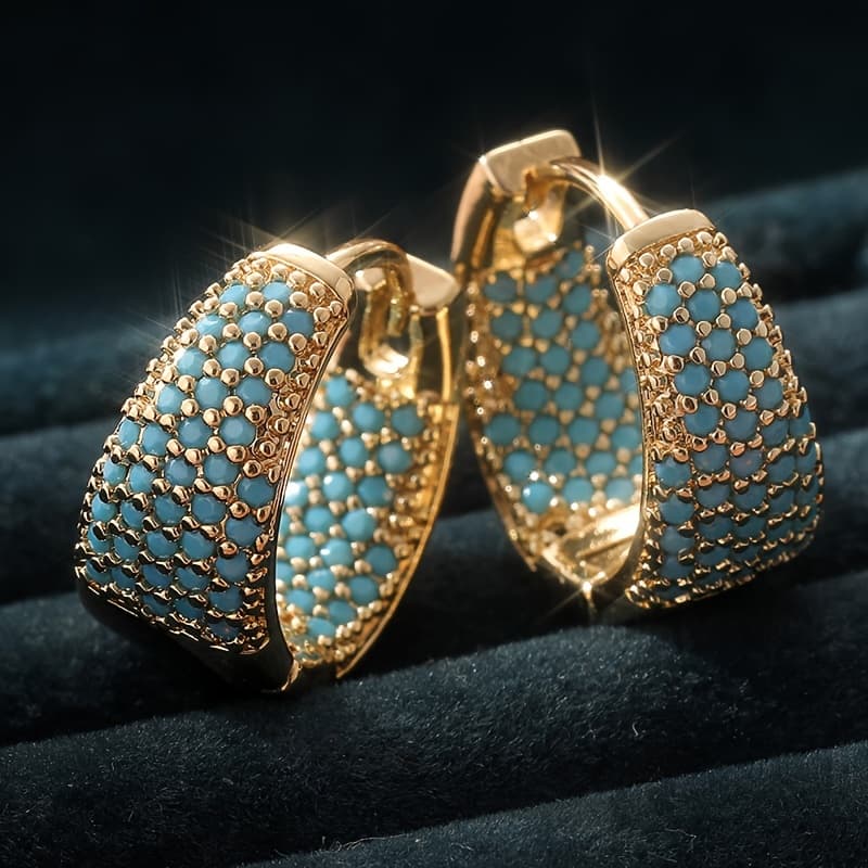 TEMU Vintage Boho Hoop Earrings With Synthetic Turquoise Mosaic, Daily And Gift Occasion Chunky Dangle Earrings, Versatile Jewelry For Women, Christmas Holiday Accessory