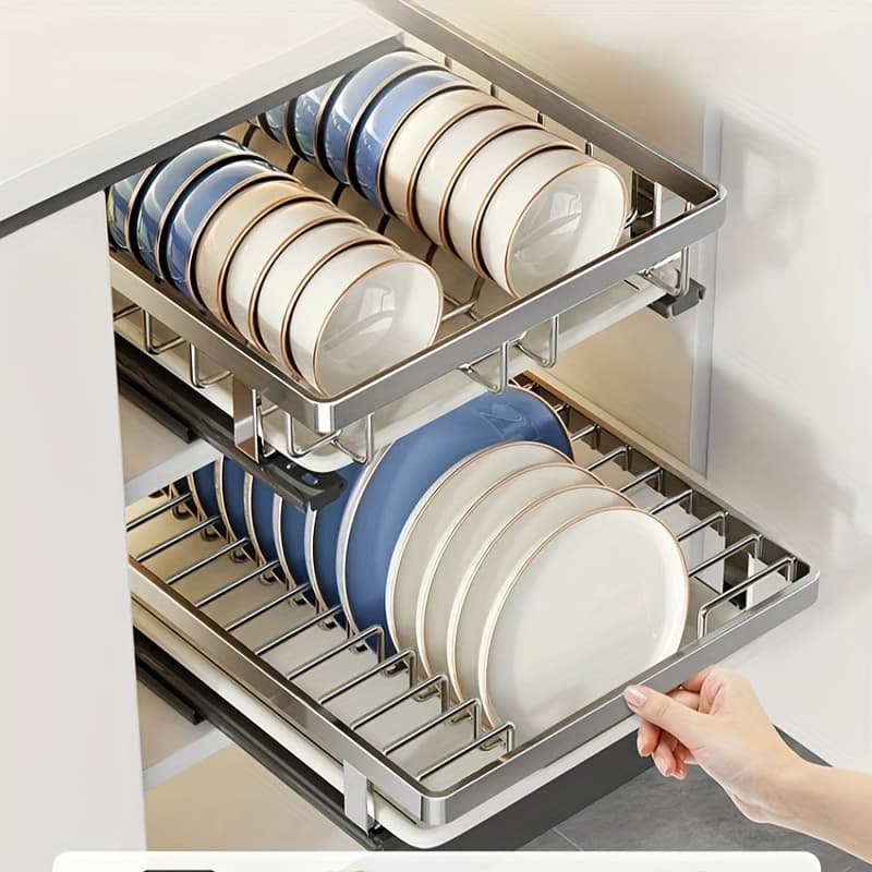 TEMU 2pcs Stainless Steel Bowl And Dish Storage Rack | Pull Out Drawer Type Kitchen Cabinet Organizer For Plates Bowls Drainer, Polished 304 Stainless Steel Creation