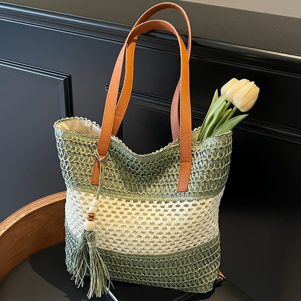 TEMU Perfect Lily Women's Woven Handbag - Striped Beach Bag With Fringe Detail, Spacious Zipper Closure For Summer Travel, Work & Shopping, Durable Fabric In Deep Brown, & Green