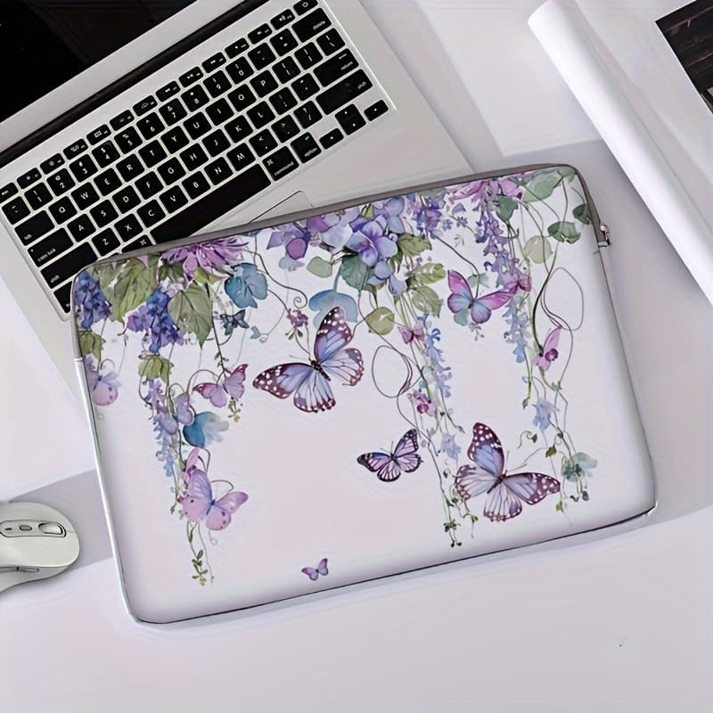 TEMU 14-inch Soft Polyester Floral & Print Laptop Sleeve - Zippered Notebook Case For Office, College, Daily